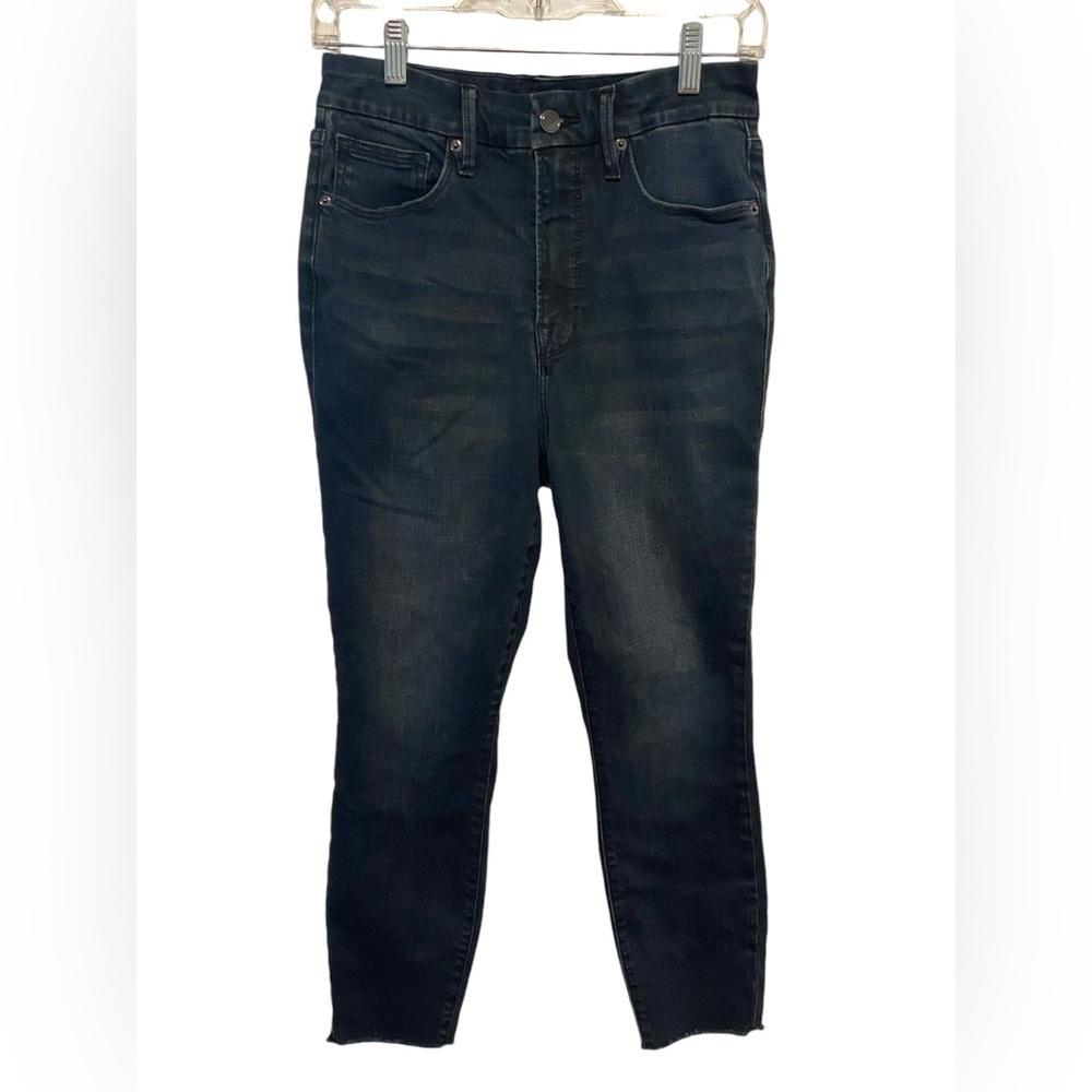 Good American Women’s Dark denim Jeans Distressed Rough Hem Straight Size 10